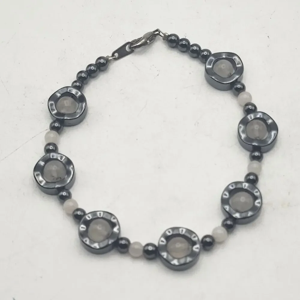 Smoky Quartz Hematite White Beaded Bracelet Black Gray Gemstone Clasp 7.5 Inch
